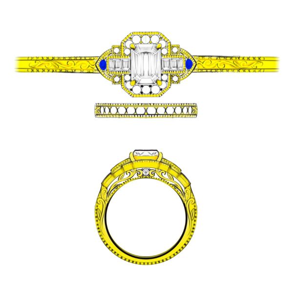 Geometry and color come together to create a diamond and sapphire Art Deco inspired bridal set.