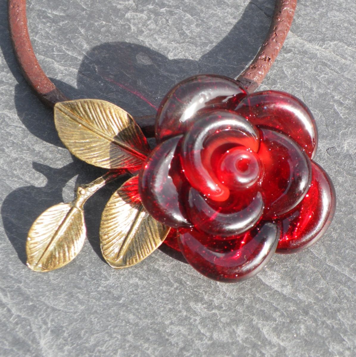 Custom Made Valentines Jewelry Red Rose Necklace Glass Pendant Hand ...