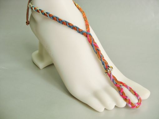 Custom Made Slave Anklet.Tan Deerskin Hand Braided With Rainbow Colors Hemp. Foot Jewelry. Petit Feet.