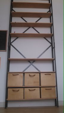 Custom Made Industrial Steel Bookcase With Birch Bins