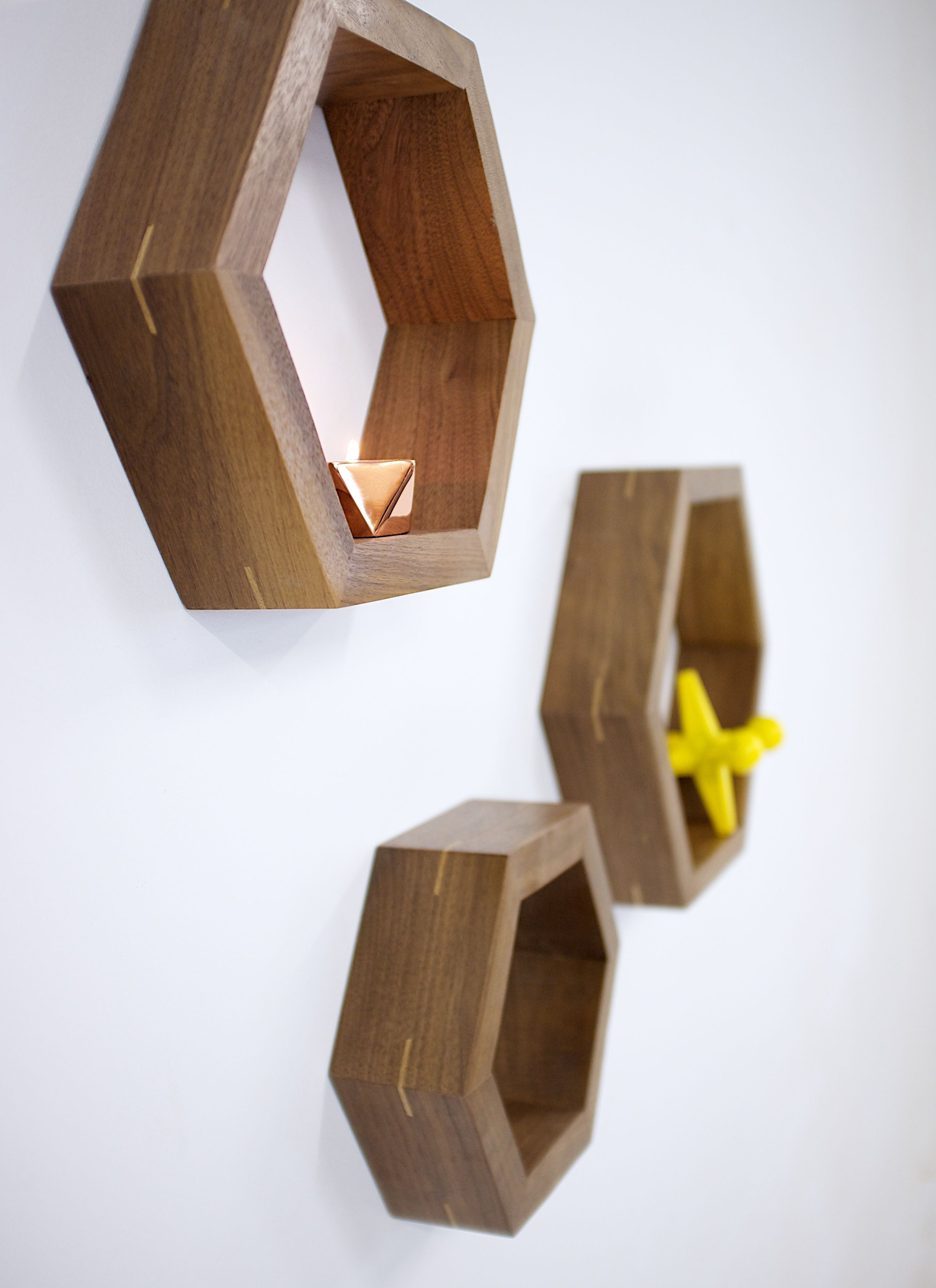 Buy Hand Made Modern Solid Walnut Hexagon Shelves, made to