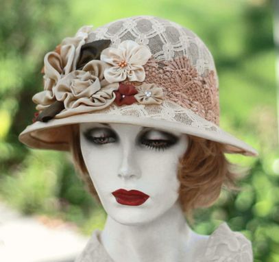 Custom Made Renaissance Tudor Muffin Hat In Ivory Jacquard Fabric With Elegant Handmade Flowers