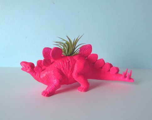 Custom Made Upcycled Dinosaur Planter - Neon Pink Stegosaurus With Air Plant
