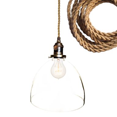 Custom Made 8" Clear Hand Blown Glass Rustic Bare Pendant Light- Ship Rope Cord