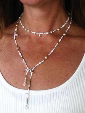 Custom Made White Tie On Necklace. Boho Chic. Cultured Pearls. Golden Beads. One Of A Kind.