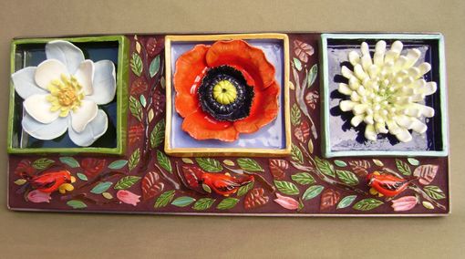 Custom Made Flower Box Trio Wall Hanging , Home Or Garden Decor Mosaic Sculpture