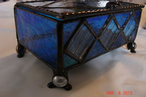 Custom Made Jewelry Box In Colbalt Blue And Confetti Diamond Accents With Decorative Feet Stained Glass