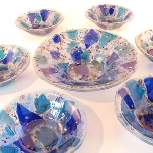 Custom Made Blues With Purple Fused Glass Bowl Set