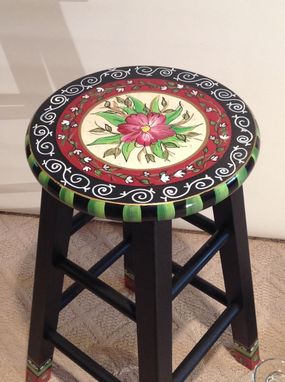 Custom Made 24" Hand Painted Custom Round Top Wooden Bar Stool - Counter Stool - Chair