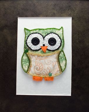 Custom Made Little Green Fabric And Bead Embroidery Owl