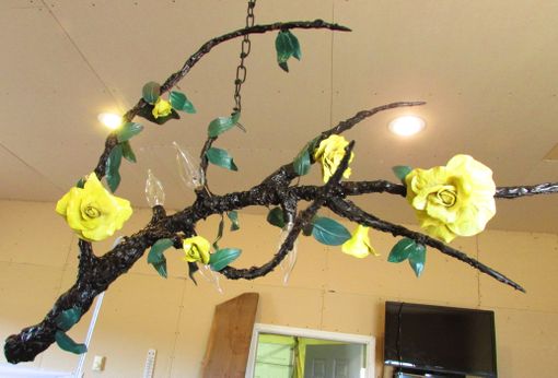 Custom Made Hanging Lamp Chandelier Branch ! 4 Sockets, Big Porcelain Roses, Leaves