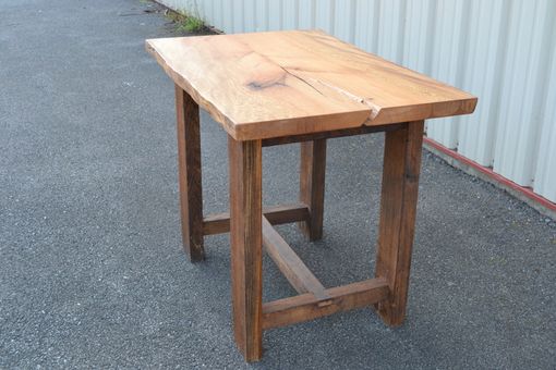 Custom Made Live Edge Sycamore Pub Table With Reclaimed Chestnut Legs
