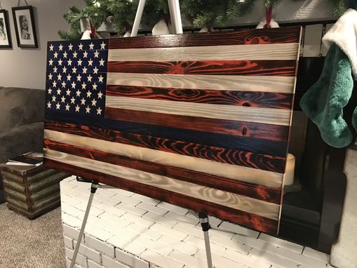 Custom Made Unique Rustic Thin Blue Line Red, White And Blue Wooden American Charred Flag