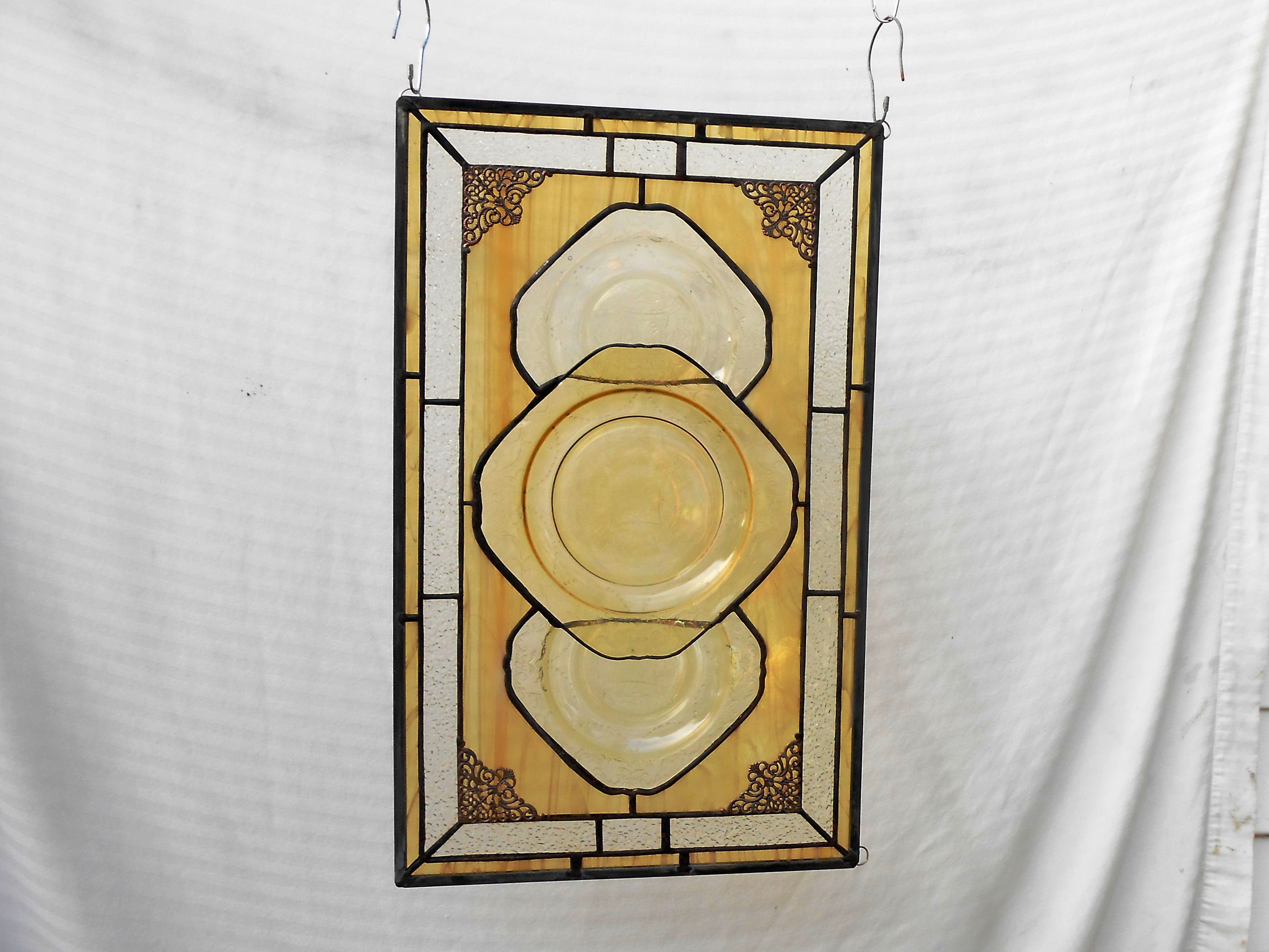 Custom Made Stained Glass Plate Panel 1930s Depression Glass Madrid