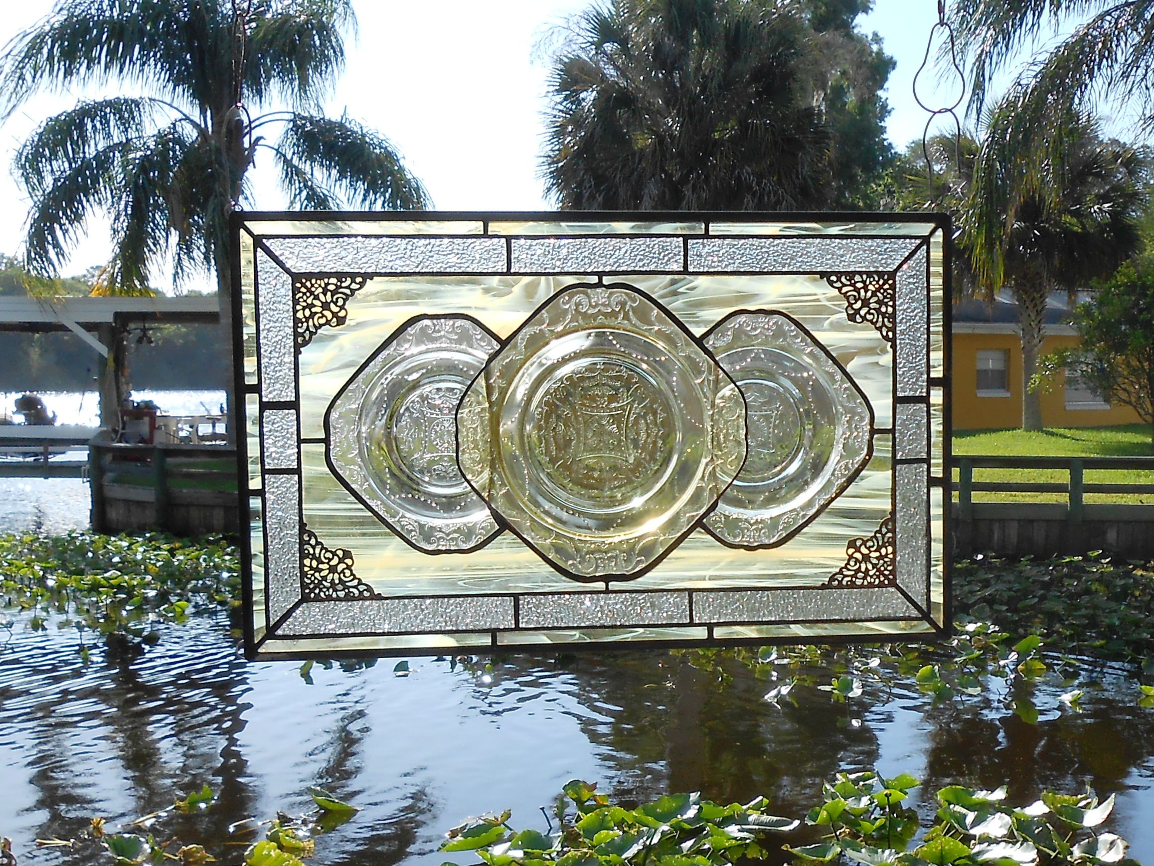 Custom Made Stained Glass Plate Panel 1930s Depression Glass Madrid