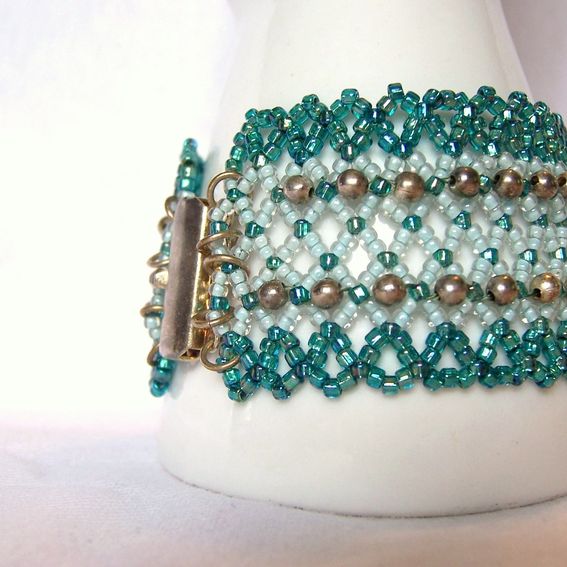 Custom Net Weaving Wide Bracelet, Teal And Powder Blue Seed Beads ...