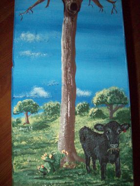 Custom Made Wood Bench Painted With Cow Under Tree