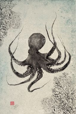 Custom Made Floating Octopus Gyotaku Print - Traditional Japanese Fish Art