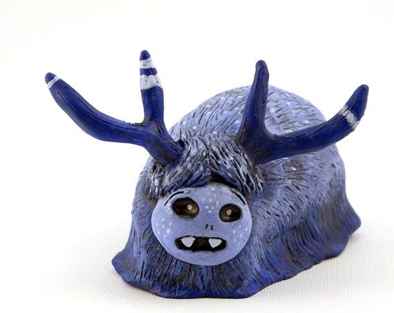 Handmade Blue Monster Clay Art Object Polymer Clay With Antlers by