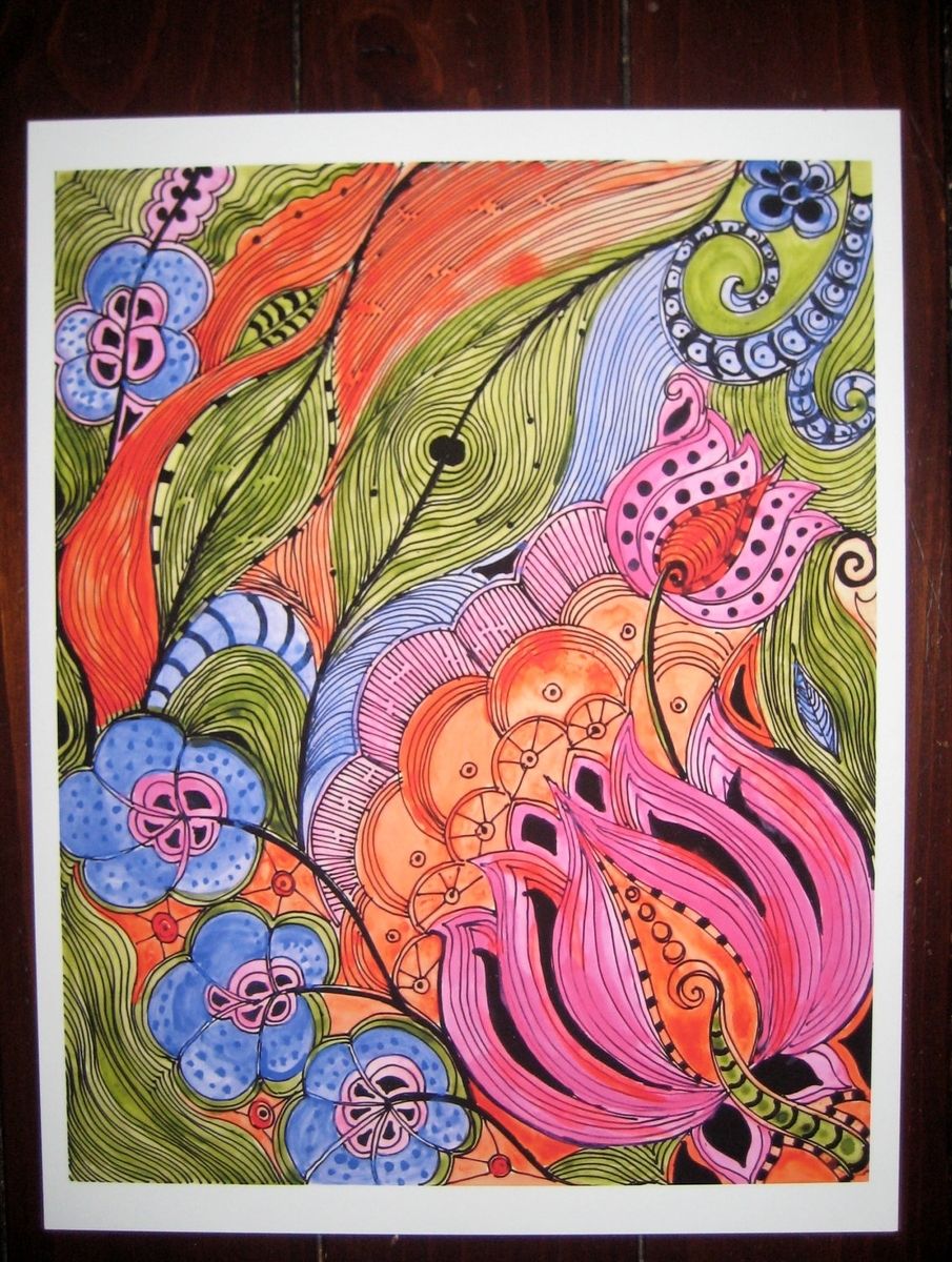 Custom Made Fine Art Print Lotus -Orange Pink Green Ink And Acrylic ...