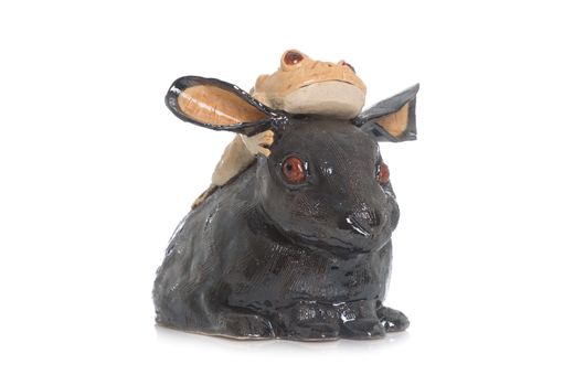 Custom Made Sculpted Ceramic Frog On Rabbit