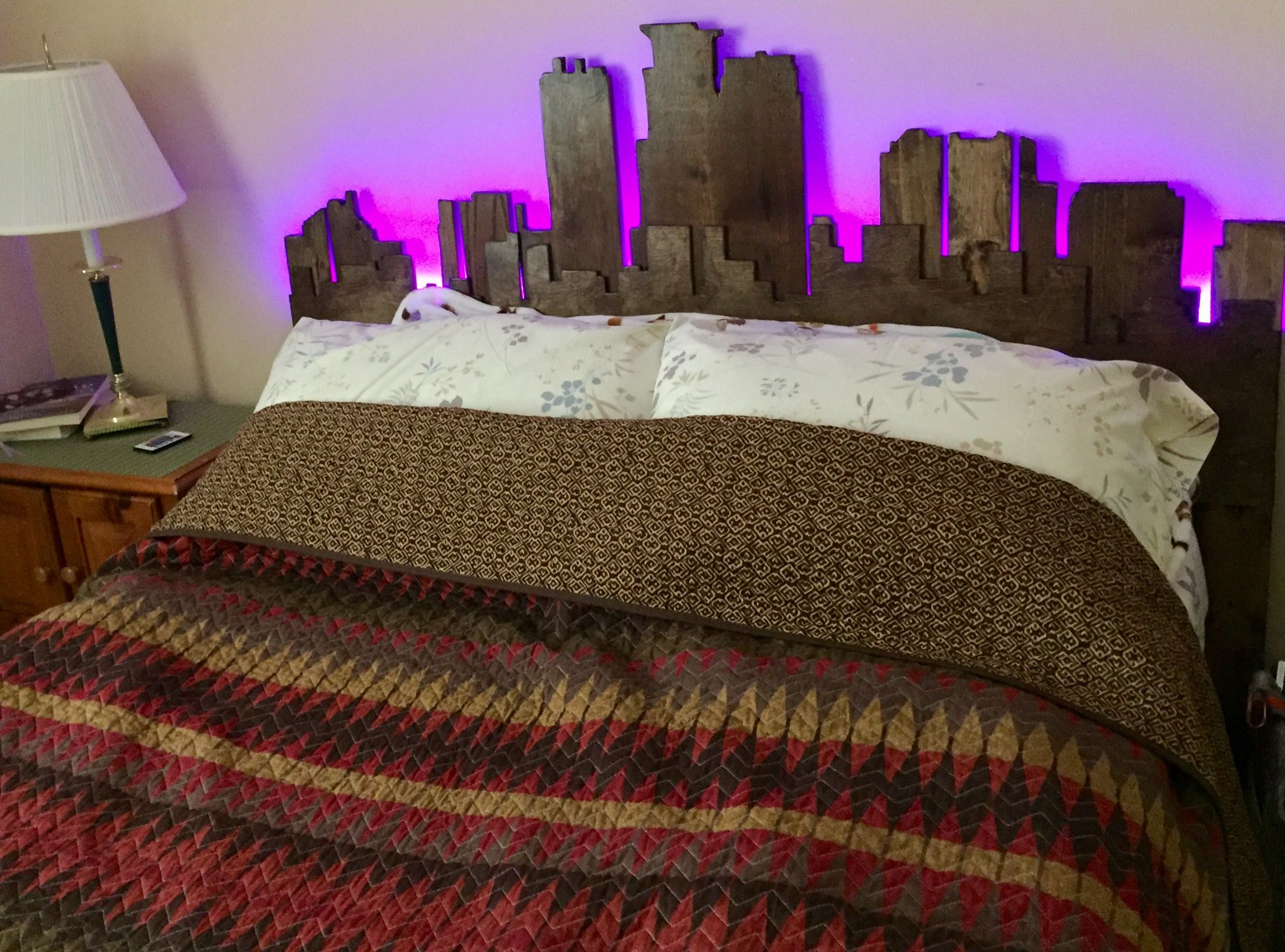 Hand Crafted Queen Minneapolis Skyline Headboard With Lights By Skyline Woodworking 