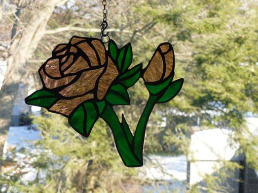 Custom Made Stained Glass Pink Rose And Bud