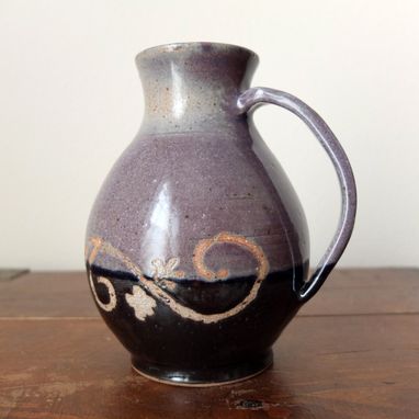 Custom Made Invito Pitcher By Gemfox Stoneware Wheel Ceramic Pottery Black Purple Scrollwork Floral Arabesque