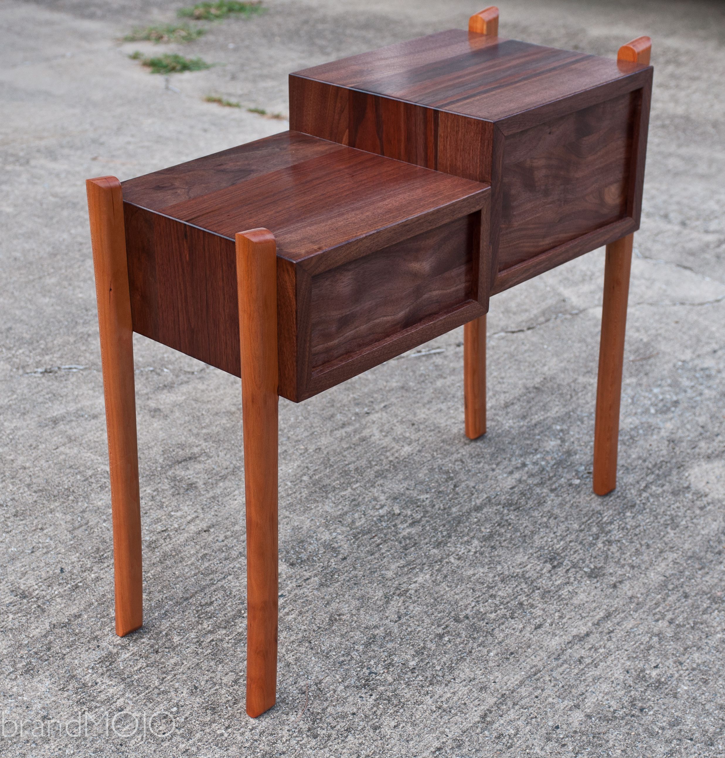 Hand Crafted Mid Century Modern Walnut And Cherry End Tables by