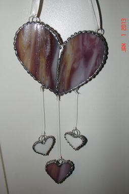 Custom Made Stained Glass Heart Suncatcher In Purple Yellow And Pink With Purple And Two Whitea Dangling Hearts