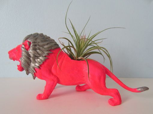 Custom Made Upcycled Toy Planter - Neon Pink And Silver Lion And Air Plant
