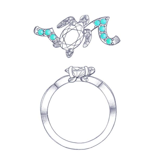 A turtle made of diamonds with aquamarine accents brings the ocean engagement ring to life. 