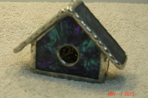 Custom Made Empty Nest Bird House Ornament In Van Gogh Blue Green / Violet Stained Glass