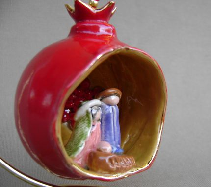 Custom Made Nativity Red Pomegranate Ornament, Mary, Joseph And Baby Jesus.