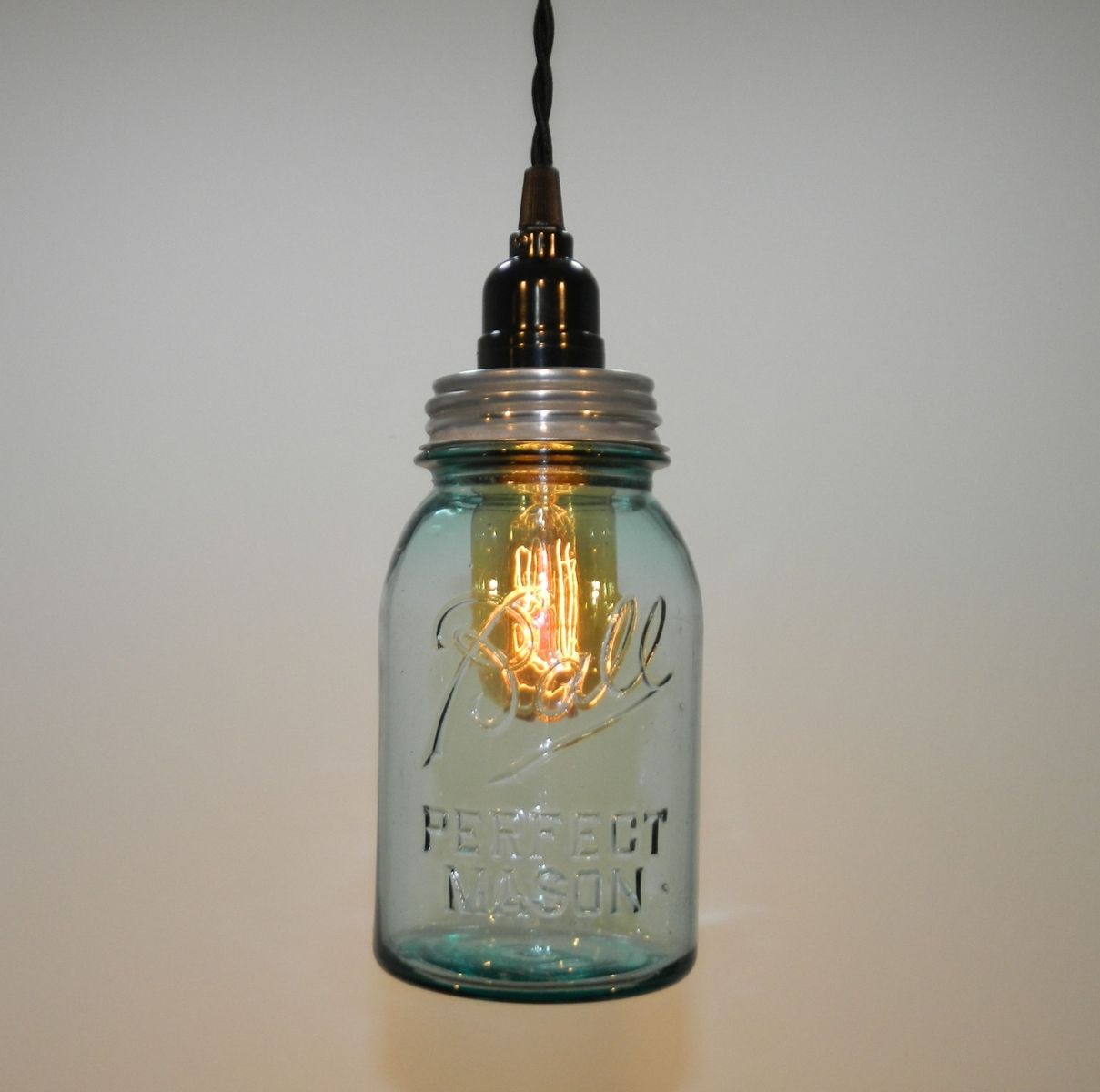 Hand Crafted Antique Aqua Ball Mason Jar Hanging Pendant Light By