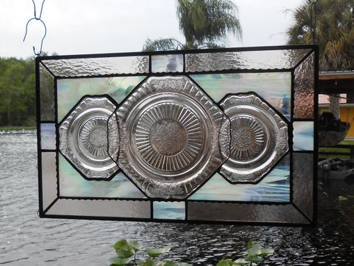 Custom Made Recycled Pink Depression Glass, Antique Stained Glass Window Transom, Old Window Valance
