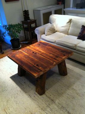 Custom Made Heart Pine Rustic Coffee Table With Hand Hewn Legs
