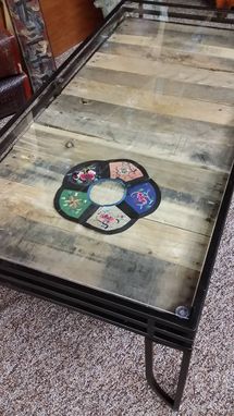 Custom Made Coffee Table With Vintage Pallet Boards, Beveled Glass Top And Three Post Hairpin Legs