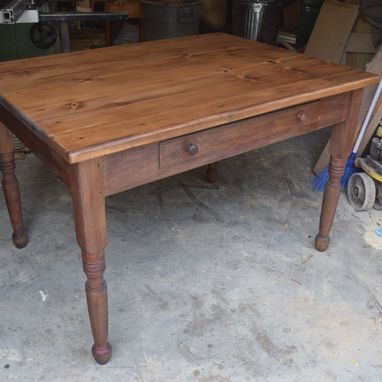 Custom Made Kitchen Farm Table With Red Washed Paint On Base And Scrub Pine Top