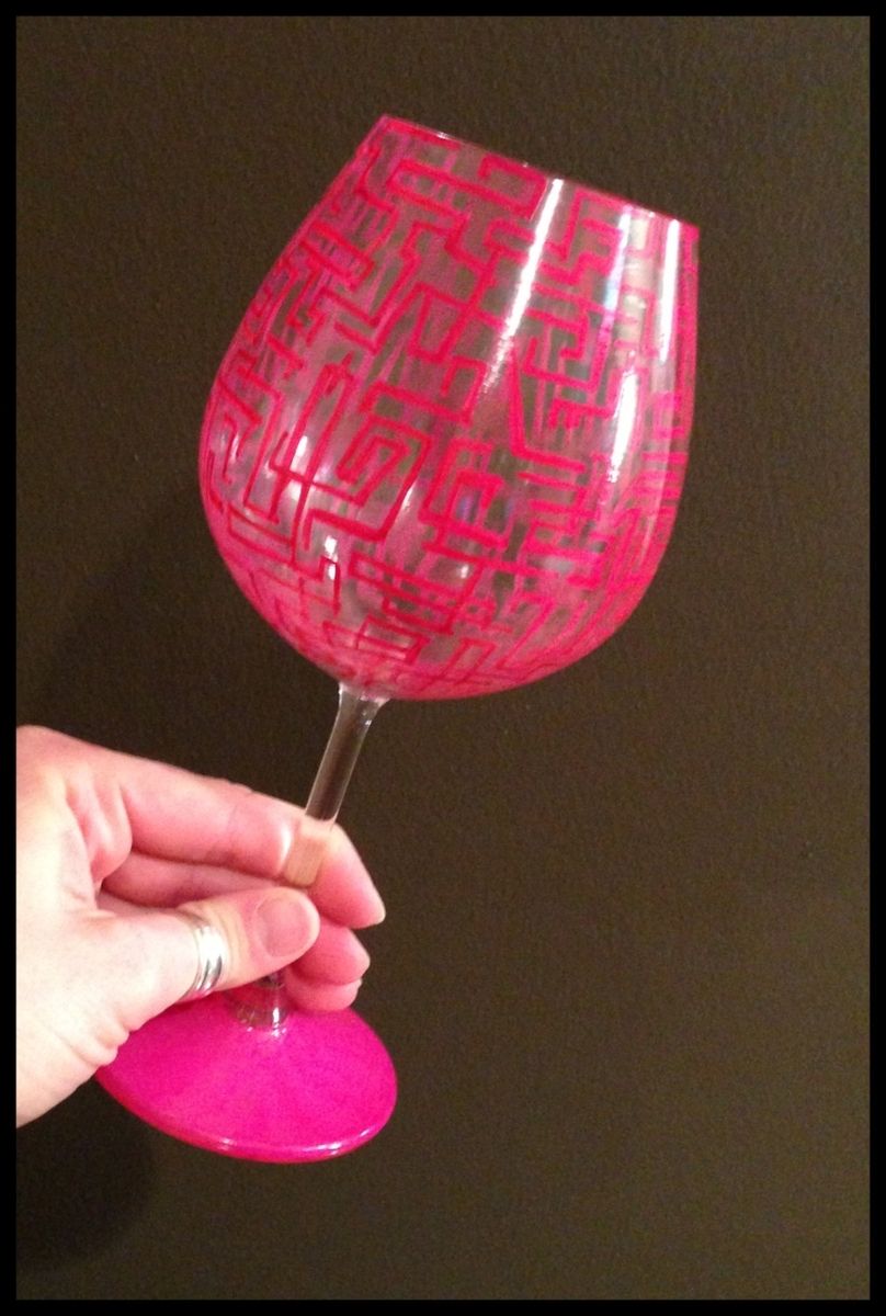 Custom Hand Painted Wine Glass Abstract Pink And Blue