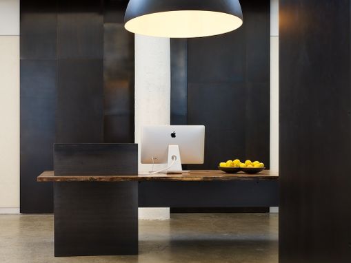 Custom Made Metal – Modern / Industrial Plate Steel Reception Desk With Maple Live Edge Slab Top