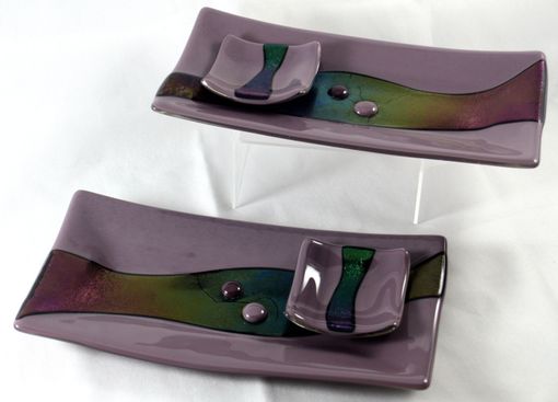 Custom Made Purple And Iridescent Black Glass Sushi Set For Two