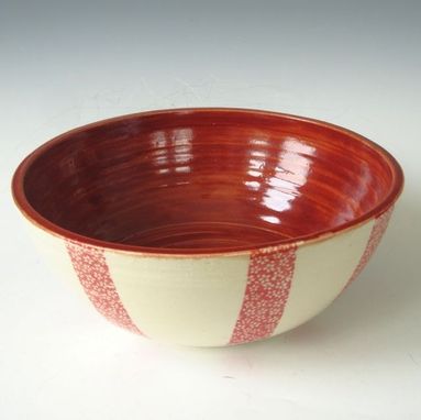 Custom Made Pottery Serving Bowl In Cream With Stripes Of Red Flowers