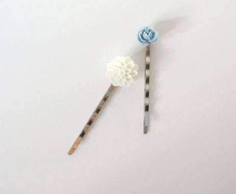 Custom Made Hairpins With Blue Flower Cabochon