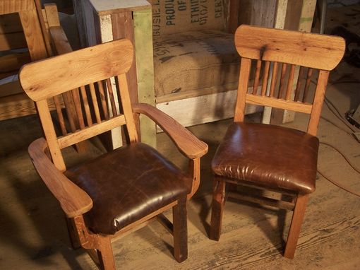Custom Made Reclaimed Oak Mission Style Dining Chairs With Upholstered Leather Seats