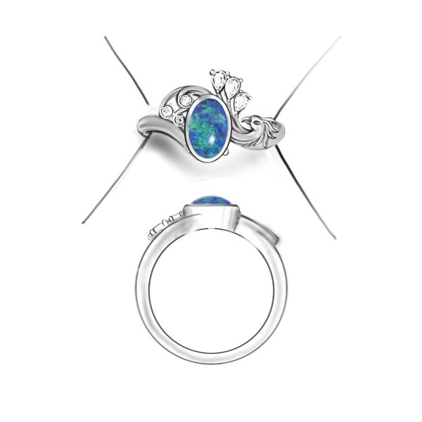 Design sketch for an opal and diamond phoenix engagement ring.