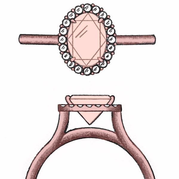 这个概念草图以玫瑰金戒指和钻石光环为特色，这是摩根石戒指的两种流行设计选择。
