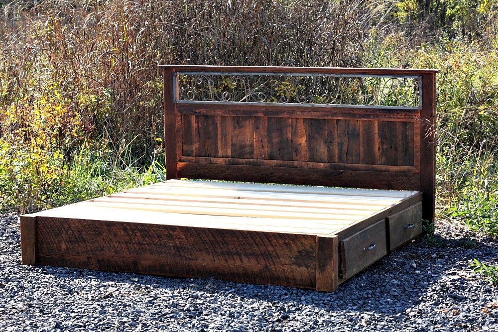 Rustic Platform Storage Bed, Handmade Metal Bed Frames