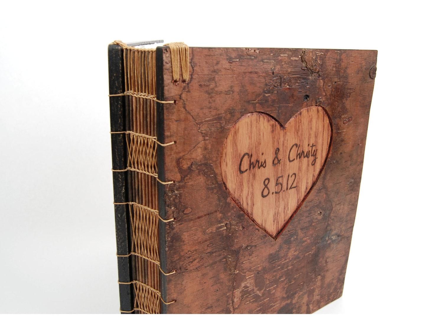 Custom Guest Book With Engraved Tree Bark Cover by Three Trees Bindery