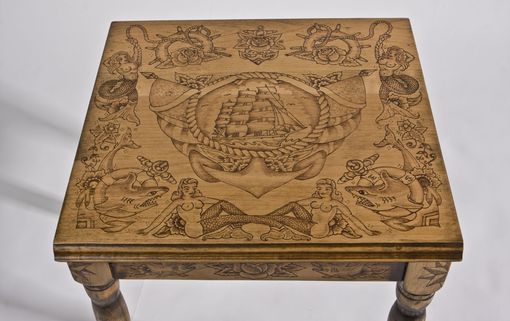 Hand Made Wood Burned End Table With Old Tattoo Flash by 